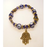 Blue Eye Bracelet - with One Hamsha and 4 small hamsha Charm Gold Finish